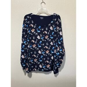 Women’s Lands’ End Navy Floral Two Tone Long Sleeve Shirt Blouse, size 3X